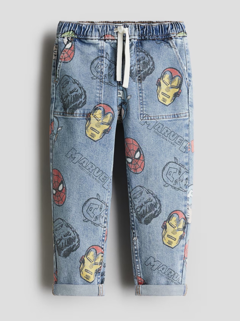H&M Marvel Kids' Blue Denim Jogger Pants with Superhero Print